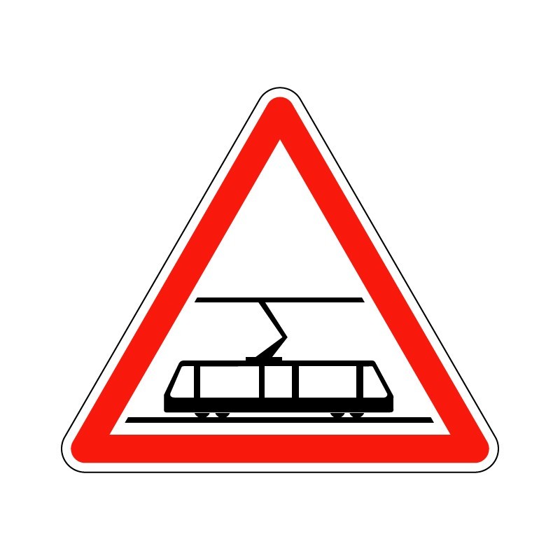 Panneau triangle de danger A9 signalant une traversée de voies de tramway, signalisation en PVC, adhésif ou alu Dibond