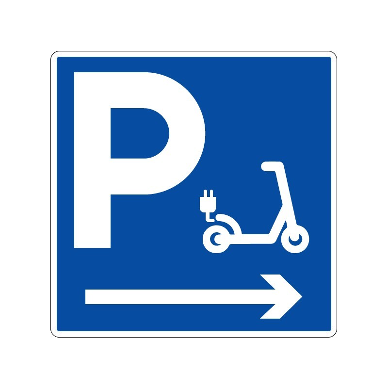 Panneaux de stationnement Parking à droite réservé aux trottinettes électriques signalisation en PVC, adhésif ou alu Dibond