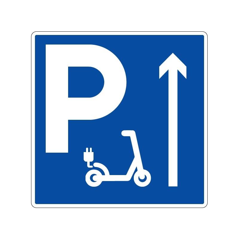 Panneaux de stationnement Parking tout droit réservé aux trottinettes électriques signalisation en PVC, adhésif ou alu Dibond