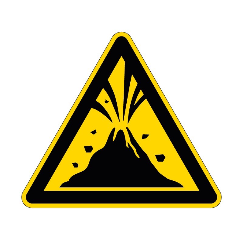 Panneau W075 de signalisation de danger zone volcanique active en adhésif, pvc ou alu dibond