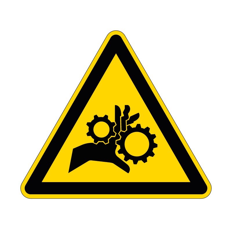 Panneau de signalisation de danger risque d'écrasement engrenage en adhésif, pvc ou alu dibond