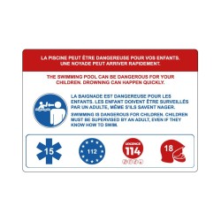 Panneau piscine surveillance des enfants par un adulte obligatoire en PVC, alu Dibond ou adhésif