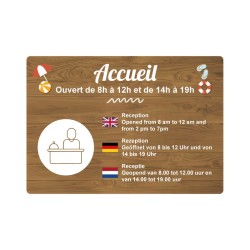 Panneau accueil camping avec horaires d'ouverture en PVC, alu Dibond ou adhésif