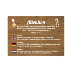 Panneau de Camping - Direction non responsable en cas de délits en PVC, alu Dibond ou adhésif
