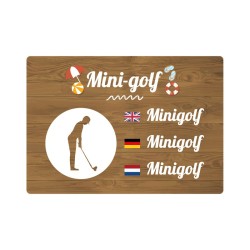 Panneau de camping indiquant l'emplacement d'un mini-golf en PVC, alu Dibond ou adhésif