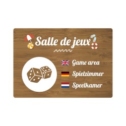 Panneau de camping indiquant l'emplacement d'une salle de jeux en PVC, alu Dibond ou adhésif