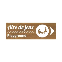 Panneau de camping fléché indiquant la direction de l'aire de jeux en PVC, alu Dibond ou adhésif