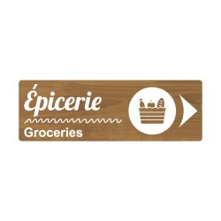 Panneau de camping fléché indiquant la direction de l'épicerie en PVC, alu Dibond ou adhésif