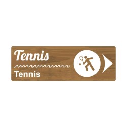 Panneau de camping fléché indiquant la direction du terrain de tennis en PVC, alu Dibond ou adhésif