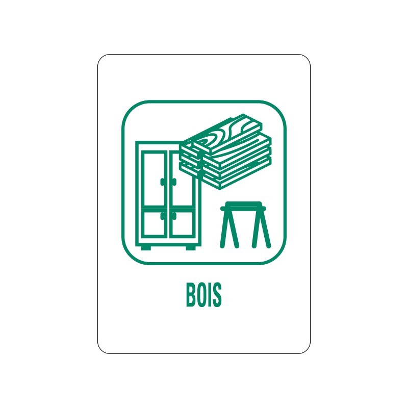 Panneau déchèterie bois, meubles en bois et tréteaux en adhésif, alu Dibond et PVC
