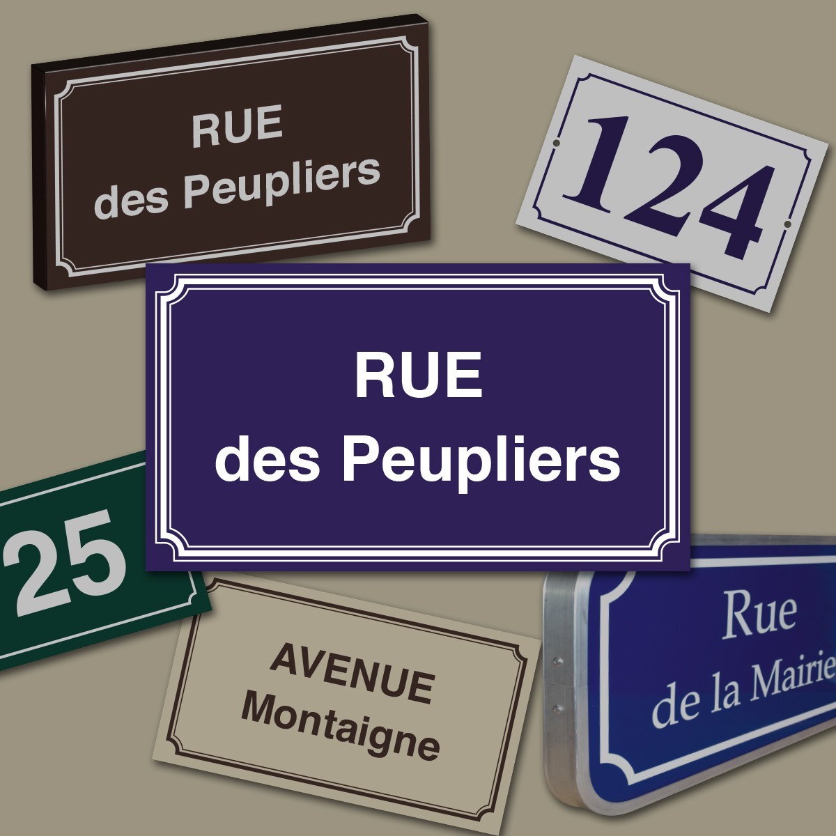 Panneaux de signalisation de plaques nom de rue et numéros de maison